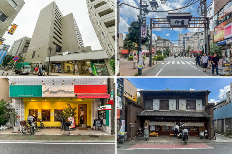 <b>左上・</b>最寄りは都営三田線「板橋区役所前」駅。その名の通り、駅の隣が区役所という便利さ！（徒歩９分）／<b>右上・</b>駅から少し歩を進めると、「仲宿商店街」が。昔ながらの八百屋、肉屋、和菓子店、惣菜店などの個人店も多く、賑わっています。（徒歩７分）／<b>左下・</b>子連れでも行きやすいカジュアルイタリアン「ピアンタ仲宿店」。チリカルボナーラをぜひお試しあれ。（徒歩７分）／<b>右下・</b>築100年の旧米屋商家をリノベーションした「板五米店（いたごこめてん）」。風情ある雰囲気に包まれいただく、おにぎりやわっぱ飯は格別です。（徒歩７分）