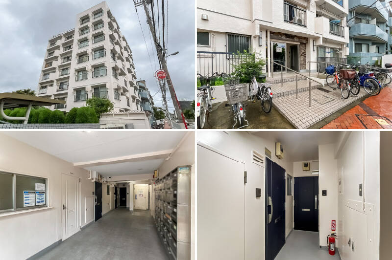 <b>左上・</b>1973年竣工、総戸数34戸のマンション。／<b>右上・</b>エントランスにはスロープが付いています。／<b>左下・</b>マンションは24時間ゴミ出し可能。／<b>右下・</b>こちらは２階所在の住戸前。奥の扉が住戸ですが、共用廊下はややコンパクトです。