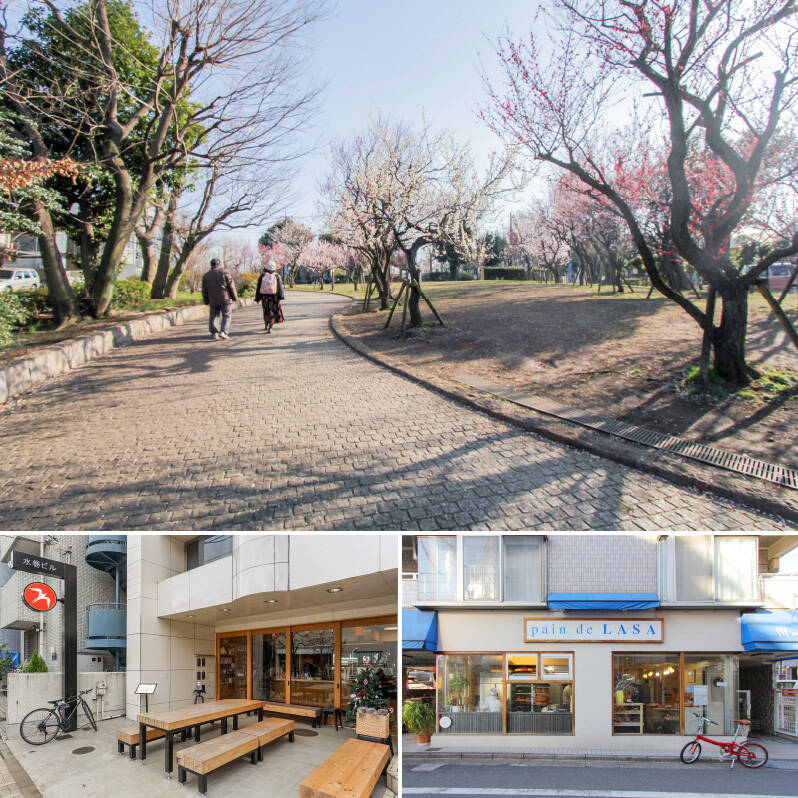 <b>上・</b>少し足を伸ばせば、梅の名所として有名な「<b>羽根木公園</b>」が。朝にお散歩がてら、パンとコーヒーを携えてモーニングを楽しんでみては。（徒歩３分）／<b>左下・</b>ノルウェー発のカフェ「<b>FUGLEN HANEGI KOEN（フグレン 羽根木公園</b>）」。朝７時から営業しています。（徒歩７分）／<b>右下・</b>ホワイトとブルーの外観がさわやかなパン屋「<b>Pain de LASA（パン・ド・ラサ）</b>」。こちらも朝７時から営業です。（徒歩８分）