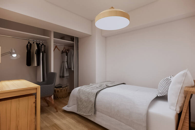 こちらのお部屋にもカーテンレール付きのオープン収納を設けます。