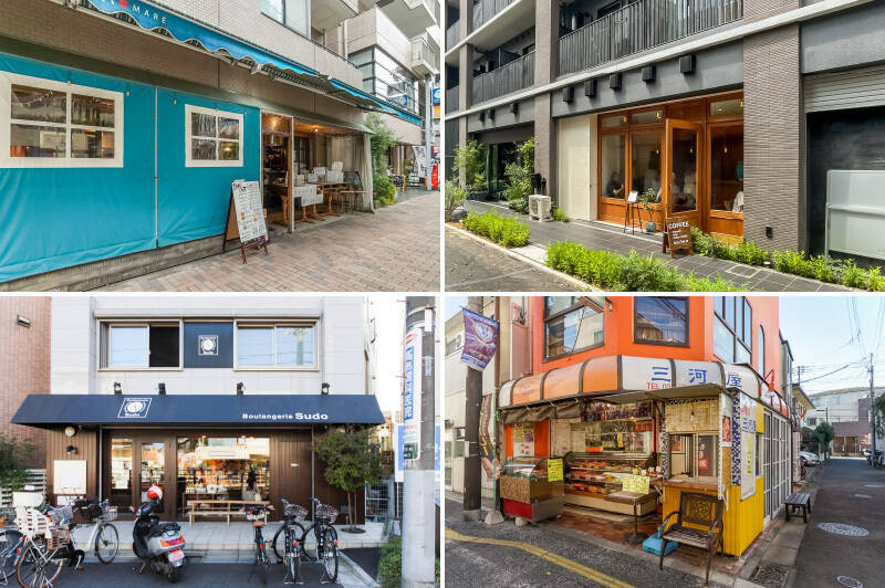 <b>左上・</b>マンションのお向かいにある「ワイン食堂 イナセヤ マーレ 若林店」。ランチセットがお得なイタリアンで、売主さまもよく通っているのだとか。(徒歩2分)/<b>右上・</b>松陰神社前駅のほど近くにあるカフェ「BLUEM COFFEE COUNTER」。(徒歩11分)/<b>左下・</b>週3日のみ営業のベーカリー「Boulangerie Sudo」は並ぶの必至。ご近所の特権を活かして参戦しましょう!(徒歩10分)/<b>右下・</b>松陰神社前商店街には昔懐かしいお店も。自炊が面倒な日はお惣菜の「三河屋 世田谷店」を頼りましょう。(徒歩10分)