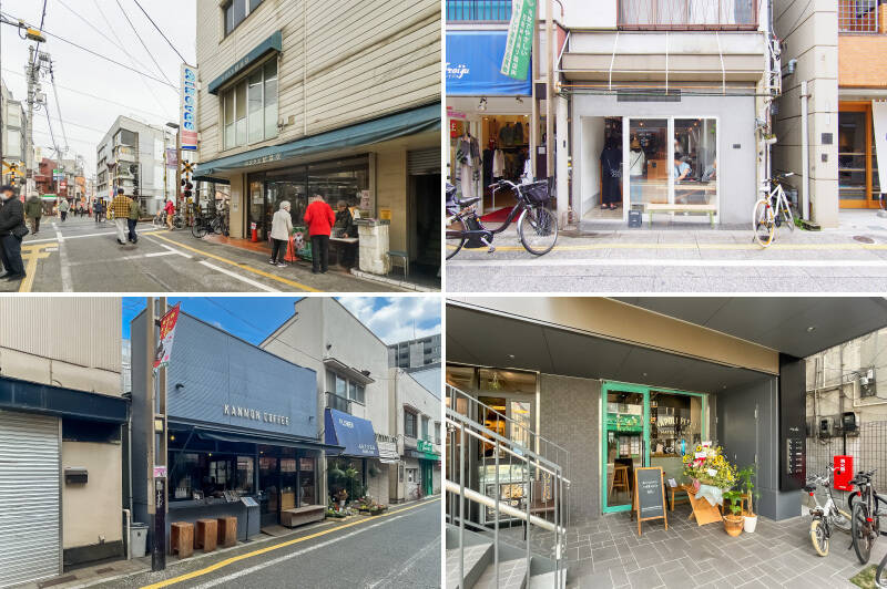 <b>左上・</b>駅改札を出てすぐの場所にある「<b>ニコラス精養堂</b>」は、明治45年創業の老舗ベーカリー。看板商品はシンプルな素材で作られた食パン。（徒歩４分）／<b>右上・</b>可愛らしく瓶詰めされたスイーツが名物の「<b>MERCIBAKE（メルシーベイク）</b>」。小さなお店ながら、ここをお目当てにやってくるファンも多いのだとか。（徒歩４分）／<b>左下・</b>コーヒースタンドがひしめくこのエリアで、筆者のおすすめは「<b>カンノンコーヒー 松陰神社</b>」。（徒歩３分）／<b>右下・</b>本格薪窯焼きピッツァとナチュラルワインを提供する「<b>Pizzeria NeNe（ピッツェリア ネネ）</b>」は昼飲みもOK！（徒歩３分）