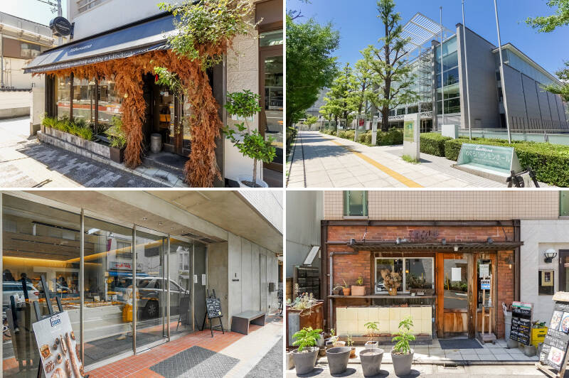 <b>左上・</b>小籠包が名物の中華「Hibusuma(ヒブスマ)」。店内はカフェのような空間で、リーズナブルに中華料理を楽しめます。(徒歩11分)/<b>右上・</b>「めぐろパーシモンホール」では、ジャズやクラシックなどのコンサートをはじめ、お子さま向けのワークショップも開催されています。(徒歩14分)/<b>左下・</b>自由が丘駅への道中にあるベーカリー「baguette rabbit(バゲットラビット)」。モチモチのブールやバゲットが評判の人気店です。(徒歩5分)/<b>右下・</b>売主さま行きつけのダイナー「Ferment & Spice Diner TAKIEY(テイキー)」。数種類のビールとともに、スパイスカレーやジャークチキンといった絶品料理をいただけます。(徒歩10分)