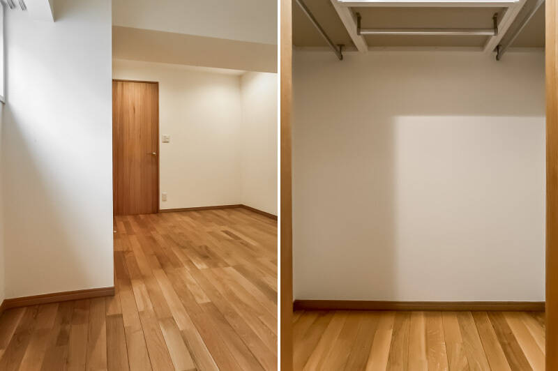 <b>左・</b>窓側からお部屋を見た様子。/<b>右・</b>このお部屋にも広めのWICが備わっています。
