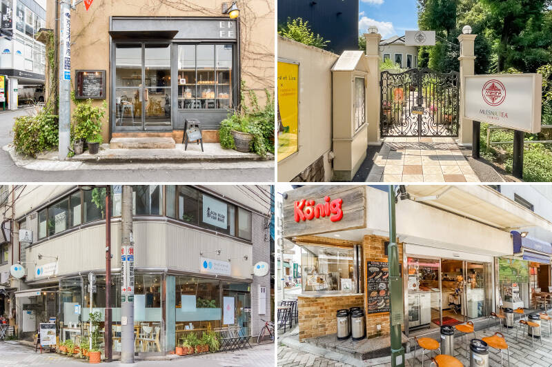 <b>左上・</b>焼きたてのパンとビストロ料理がいただける「Boulangerie Bistro EPEE (ブーランジュリー ビストロ エペ)」。お酒に合うパンなどが、種類豊富に並んでいますよ。(徒歩5分)/<b>右上・</b>スリランカで栽培される最高級のセイロンティーブランドムレスナティーを取り扱っている紅茶専門店「ムレスナティー東京店」。ご近所で素敵なティータイムを楽しめるって、なんて贅沢なんでしょう。(徒歩3分)/<b>左下・</b>休日には行列ができる生フローズンヨーグルトの「ウッドベリーズ」。一度食べたら病み付きですよ♡(徒歩7分)/<b>右下・</b>大きなソーセージが特徴的なホットドックをいただける「ケーニッヒ 吉祥寺店」。ドイツビールも美味しいですよ。(徒歩7分)