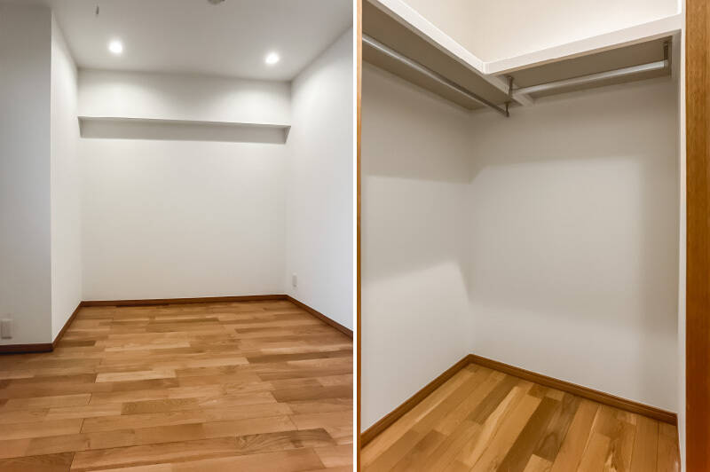 <b>左・</b>こちらを頭にしてベッドを配置すると良さそう。/<b>右・</b>しっかりと奥行きのあるWICです。