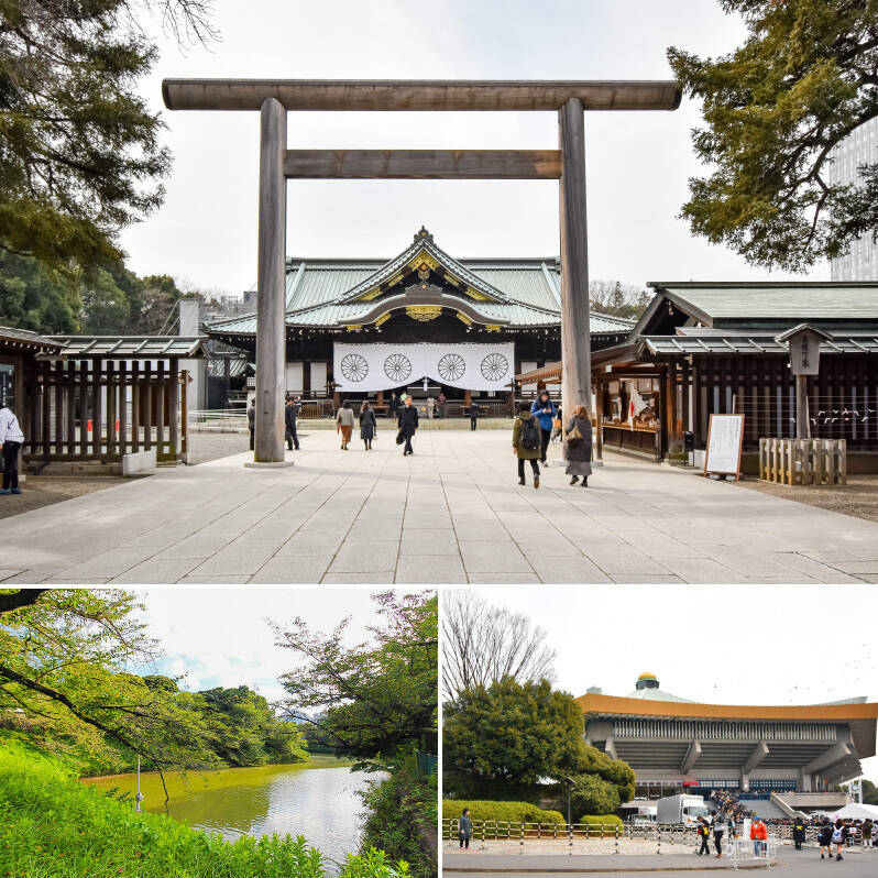 <b>上・</b>厳かな佇まいの「<b>靖国神社</b>」。東京の桜の開花宣言の基準となる「標本木」があることでも有名です。(徒歩6分)/<b>左下・</b>春には桜が咲き誇り、水面が桜色に染まる「<b>千鳥ヶ淵</b>」。都心にありながら自然を身近に感じられるスポットです。(徒歩9分)/<b>右下・</b>コンサートや式典などで知られる「<b>日本武道館</b>」も徒歩圏内に。(徒歩15分)