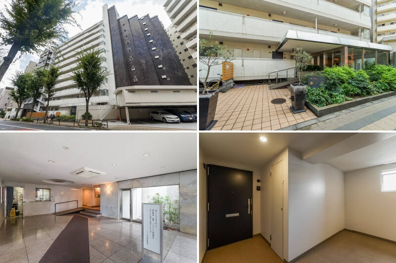<b>左上・</b>マンションを吉祥寺通り側から見たお姿がこちら。1970年生まれで、総戸数は89戸。大手ゼネコン鹿島建設による設計・施工です。／<b>右上・</b>大きな庇のある、スロープ付きのエントランス。／<b>左下・</b>共用ホールの奥に管理人室が。レトロなマンションながら、時代にあわせて宅配ボックスを追加装備しているんですよ！／<b>右下・</b>ご紹介の住戸は10階の共用廊下（内廊下♡）の突き当たりに位置しています。玄関扉は交換されたばかりのようで、ダブルロックの重厚な扉でした◎