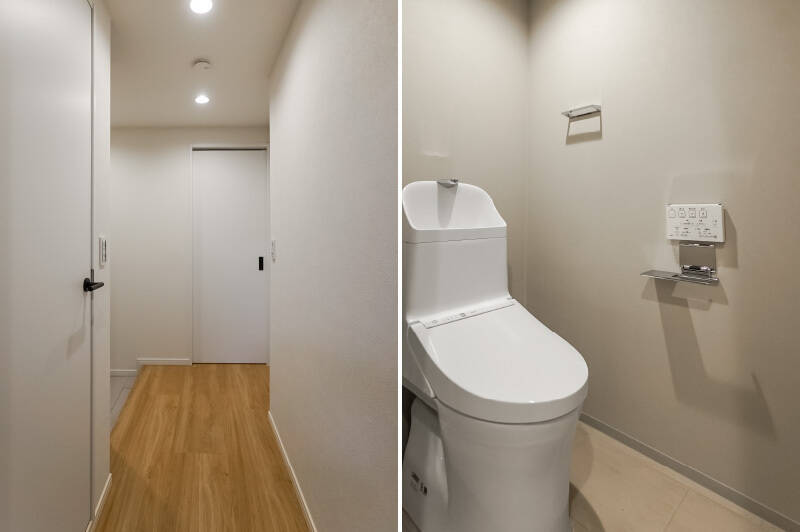 <b>左・</b>こちらから水まわりと洋室Ｂにアクセスできます。／<b>右・</b>トイレは、スマホ置きを兼ねたトイレットペーパーホルダー付きです。