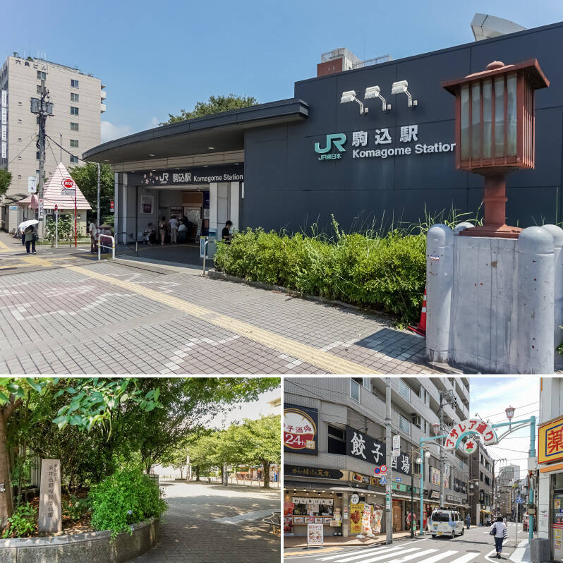 <b>上・</b>最寄りは、JR山手線、東京メトロ南北線「駒込」駅。ターミナル駅「新宿」までは、乗車時間約16分と交通アクセス良好です。（徒歩５分）／<b>左下・</b>「駒込」は、ソメイヨシノ発祥の地としても知られる街。桜の名所が点在しています。毎年桜の季節が楽しみになりそうですね。こちらは駅のすぐ隣にある「染井吉野桜記念公園」。（徒歩５分）／<b>右下・</b>多くの飲食店が建ち並ぶ「アザレア通り商店街」。JR山手線の東口から出るとすぐにアクセスできます。（徒歩５分）