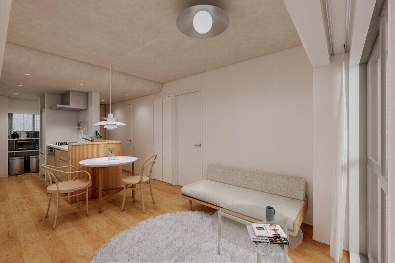 窓を背にしてもう一枚。左手奥にはキッチン、右手には洋室と水まわりが位置します。キッチンとDKをゾーニングするように、天井にRの加工が。優しい印象でかわいい!