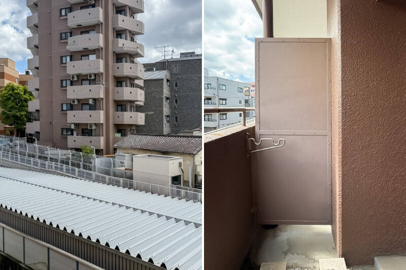 <p><b>左・</b>東急目黒線の線路の屋根越しに建物を望むビュー。駅からの近さを実感する眺望です。/<b>右・</b>バルコニーはLDK前面のみのコンパクトなサイズ。物干し金具が備わっていますが、浴室乾燥機との併用がおすすめです。</p>