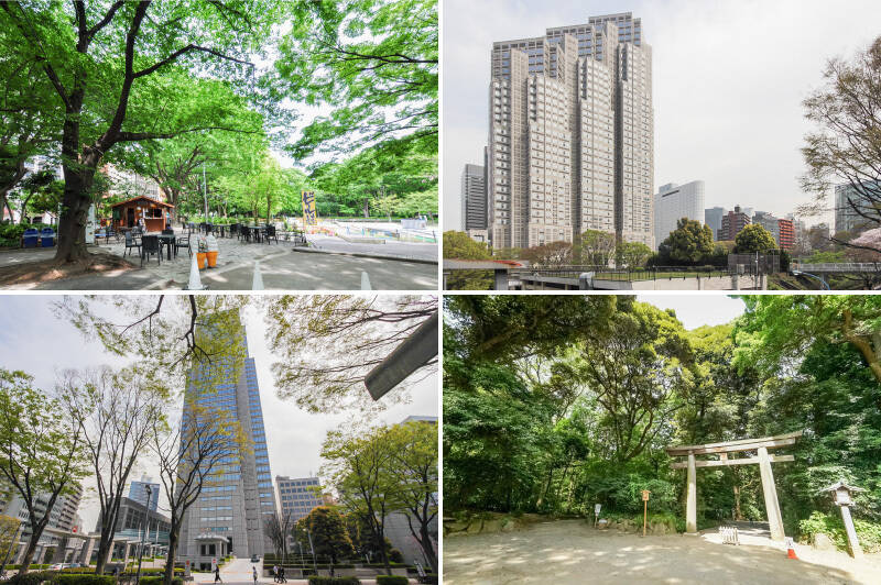 ご紹介するマンションのまわりは、「<b>新宿中央公園</b>」(左上/徒歩7分)や「<b>代々木公園</b>」(徒歩9分)など、大きな公園が近いエリア。「<b>東京都庁</b>」(右上/徒歩11分)や「<b>パークハイアット新宿</b>」(左下/徒歩8分)、「<b>明治神宮</b>」の西参道口(右下/徒歩10分)など、東京のランドマークに囲まれた立地でもあります。