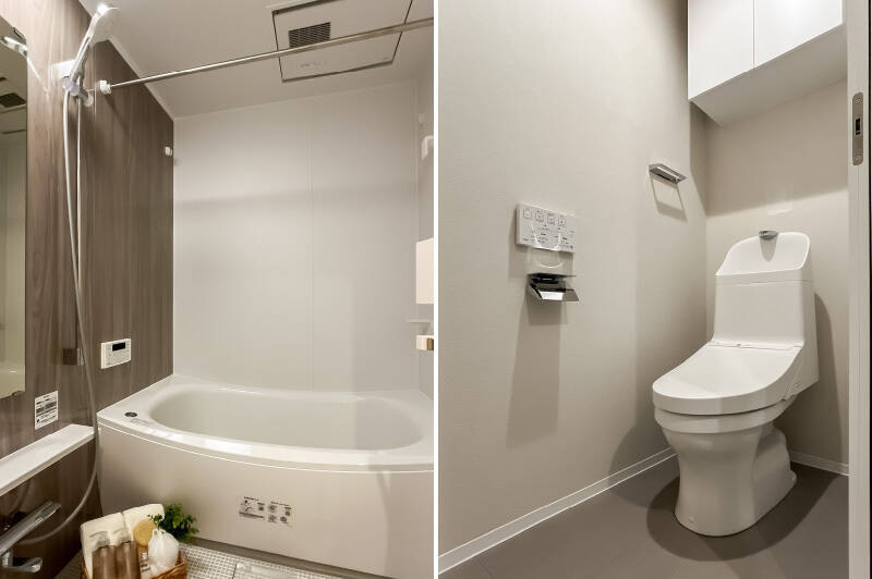 <p><b>左・</b>1317サイズの浴室。/<b>右・</b>トイレは洗面室からアクセスします。</p>