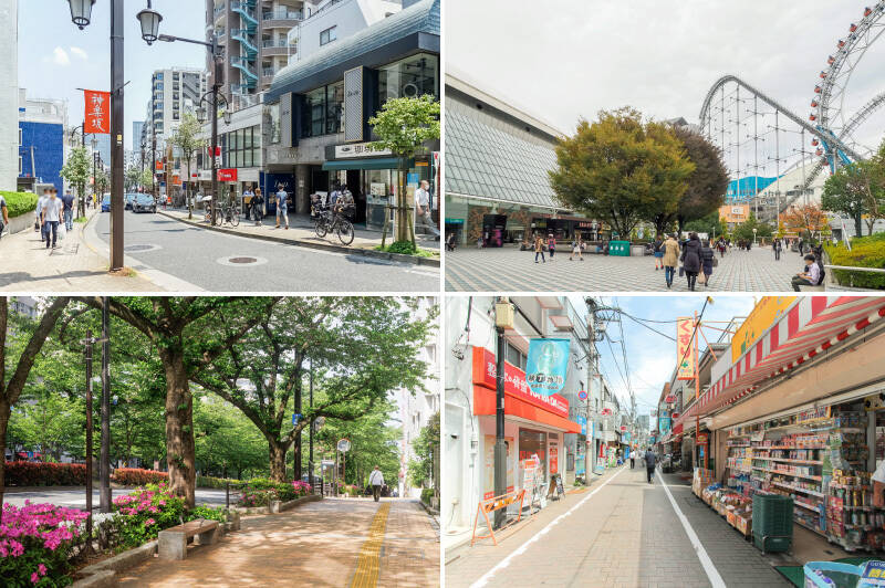 <b>左上・</b>フランスの風薫る「<b>神楽坂</b>」駅まで徒歩14分。/<b>右上・</b>東京ドームシティがある「<b>後楽園</b>」駅にも徒歩14分。/<b>左下・</b>播磨坂の桜が有名な「<b>茗荷谷</b>」駅まで徒歩13分。/<b>右下・</b>地蔵通り商店街を有する「<b>江戸川橋</b>」駅まで徒歩10分。