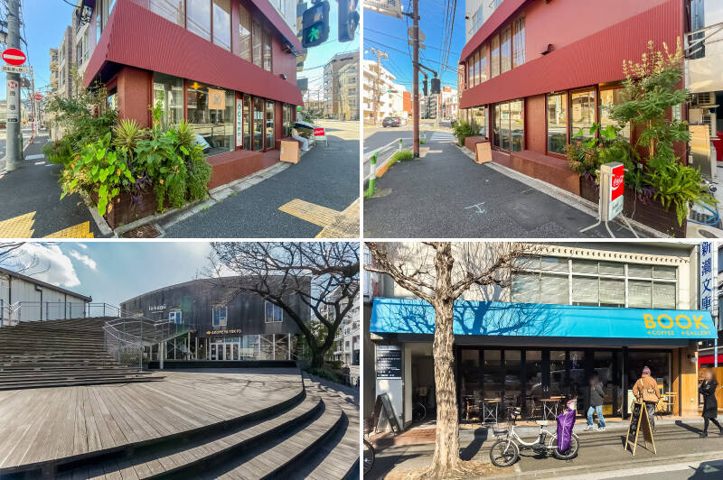 <b>上・</b>マンションと同じ通り沿いにあるカフェ「<b>Stroll_in(ストロール イン)</b>」と台湾料理「<b>BANRAI HANTEN(バンライハンテン)</b>」は同じ建物内のお隣同士に入居。ごはんを食べてカフェで一服、最高ですね。(徒歩2分)/<b>左下・</b>日用品の買い出しは「<b>AKOMEYA TOKYO in la kagu</b>」で。(徒歩18分)/<b>右下・</b>「<b>かもめブックス</b>」でコーヒー片手に読書する休日も素敵です。(徒歩18分)