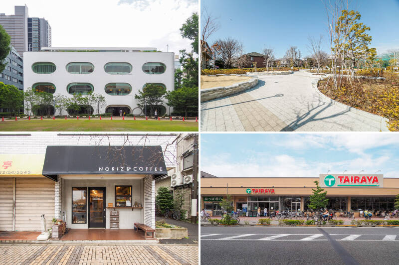 <p><b>左上・</b>駅の南口にある「武蔵野プレイス」は図書館を主とした複合施設。カフェを併設し、22時まで利用できるのもうれしいポイント。（徒歩12分）／<b>右上・</b>「武蔵川公園」には朝８時から18時まで利用できるドッグランが。小さいお子さまが遊べる遊具もありますよ。（徒歩４分）／<b>左下・</b>売主さまオススメの「NORIZ COFFEE（ノリズコーヒー）」。自家焙煎豆や手作りお菓子を販売しているので、持ち帰って自宅で楽しむのもいいですね。（徒歩８分）／<b>右下・</b>こちらは22:45まで開いているスーパー「TAIRAYA 武蔵境店」。(徒歩８分)マンションと同じ通り沿いにある「いなげや 武蔵野桜堤店」（徒歩４分）もあり便利ですよ。</p>