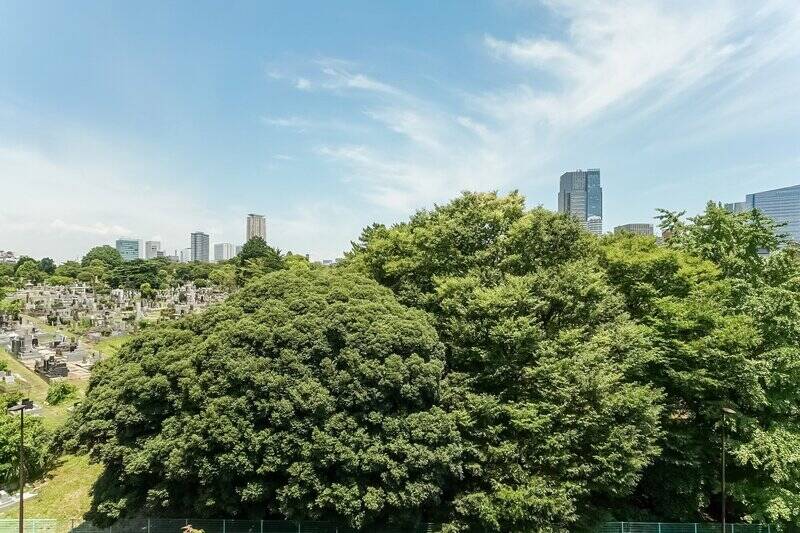 ルーフバルコニーからも見えていたグリーンは、「青山霊園」内の植栽です。墓地は左の方に少し見える程度。筆者的には全然アリです◎
