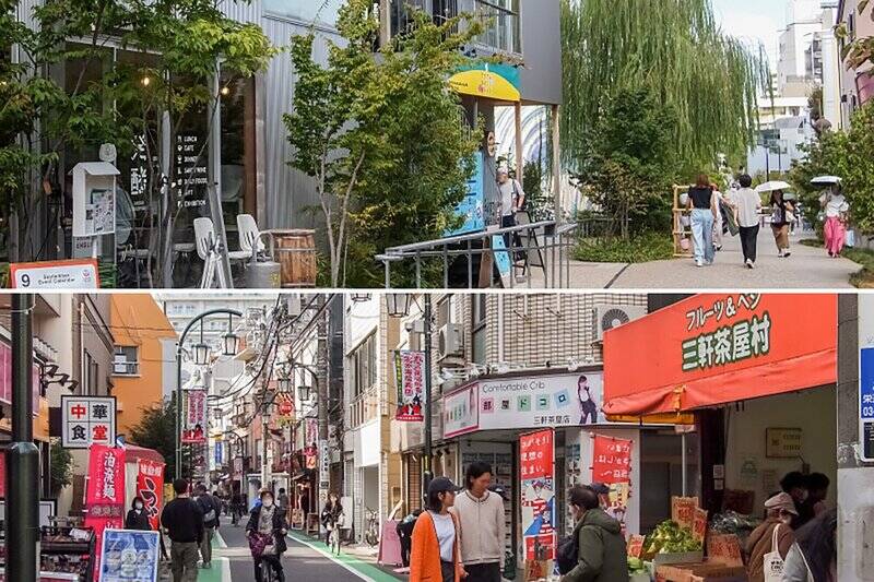 <b>上・</b>小田急線の線路跡地が再開発され、ますます歩くのが楽しくなった「下北沢」（徒歩12分）。「BONUS TRACK（ボーナストラック）」では、頻繁にイベントが開催されています。（徒歩10分）／<b>下・</b>商店街が充実した「三軒茶屋」までも徒歩圏内。（徒歩17分）