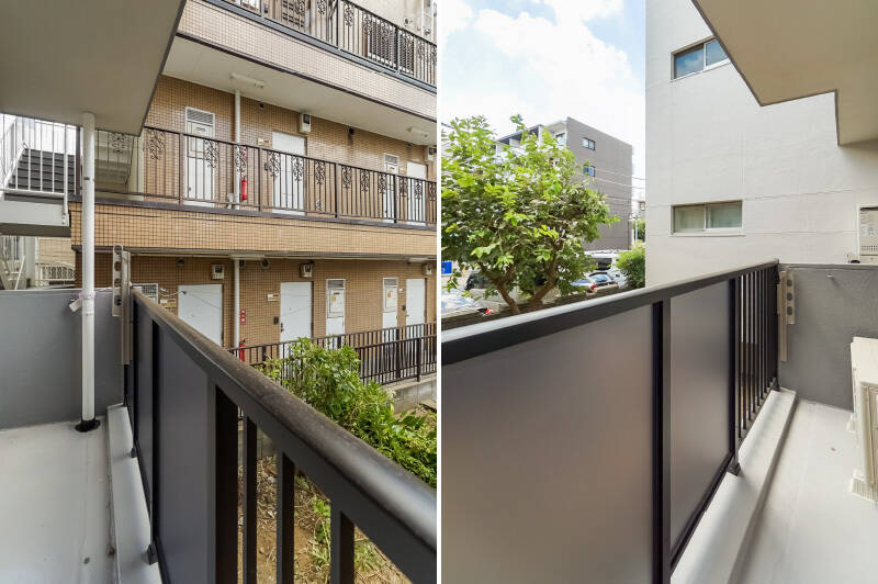 両側とも、隣接する住戸がないバルコニー。左側は隣の建物の共用廊下との距離がやや近いので、視線が気になるとしたら前面道路よりもこちら側カモ。