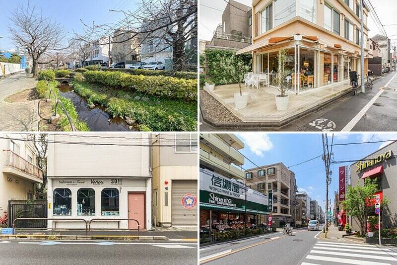 <b>左上・</b>徒歩２分の距離に「北沢川緑道」があり、池尻から経堂の赤堤まで続いています。春の桜並木が見事ですよ！／<b>右上・</b>そんな緑道沿いにあるフレンチ＆イタリアンレストラン「VinSante（ヴァンサンテ）」。四季の移り変わりを感じながらお食事を。（徒歩４分）／<b>左下・</b>ジャンルに捉われないお料理をお酒とペアリングでいただける「Salmon&Trout（サーモンアンドトラウト）」も、注目の一軒です。ムフフ。（徒歩３分）／<b>右下・</b>同じ梅丘通り沿いにあるスーパー「信濃屋 代田食品館」。お向かいには世界のお酒に特化した「ワイン館」もあり、暮らしを豊かにしてくれそう。（徒歩４分）。