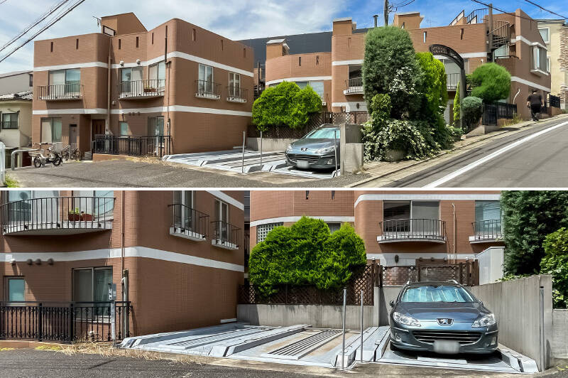 <b>上・</b>マンションの外観をもう一度。どこか海外のような素敵な雰囲気です。/<b>下・各住戸1台駐車場が無償で利用可能</b>です!車種の制限はありそうですので、詳しくはエージェントにお問い合わせください。