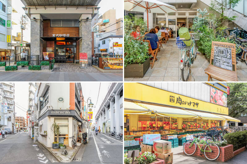 <b>左上・</b>東横線の高架下にある「倉式珈琲店 都立大学駅前店」は65席もある大きなカフェ。ちょっとひとり時間が欲しいときなど、気軽に使えそうです。(徒歩6分)/<b>右上・</b>「TRASPARENTE(トラスパレンテ)」はイートインもできるパン屋さん。種類豊富なパンや焼き菓子に目移りしそう♡(徒歩4分)/<b>左下・</b>駅からの帰り道には、立ち飲みのワインバー「marucan(マルカン)」が。ついつい、ワインでひと息ついて帰宅コースが日課になってしまいそう。(徒歩4分)/<b>右下・</b>駅前にある「肉のハナマサ 都立大店」は頼もしい24時間営業。(徒歩6分)
