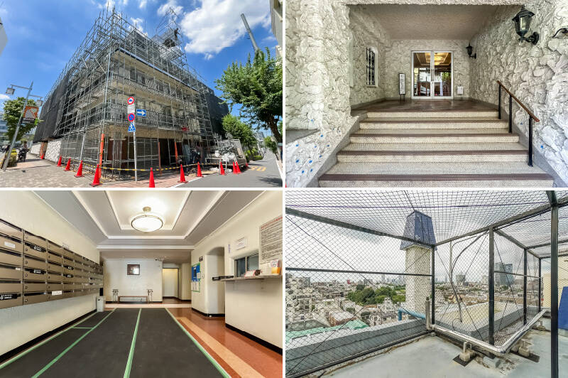 青い瓦屋根と白い外壁でお馴染みの “<b>秀和レジデンスシリーズ</b>” のマンション。大規模修繕工事は2025年12月まで実施される予定。より美しく生まれ変わる姿が楽しみですね。共用部は、ガス灯風の照明やレンガ調のあしらい、シックなモザイクタイルなど、どこか海外らしさを感じる趣。地上7階建ての建物で、ご紹介した住戸は6階部分に所在するため、屋上階にある共用物干しスペース(画像右下)へのアクセスもスムーズです。