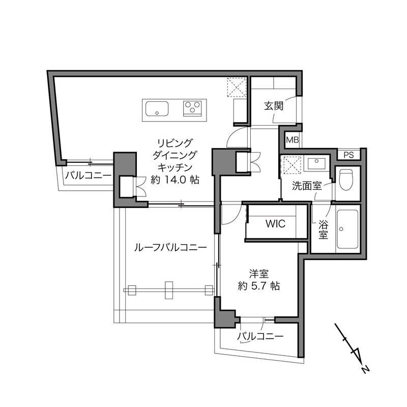 専有面積約51㎡の1LDKプラン。北東向きの窓の先には、なんとルーフバルコニーが広がります。港区アドレスで、ちょっと贅沢な日常が楽しめそうな予感です!