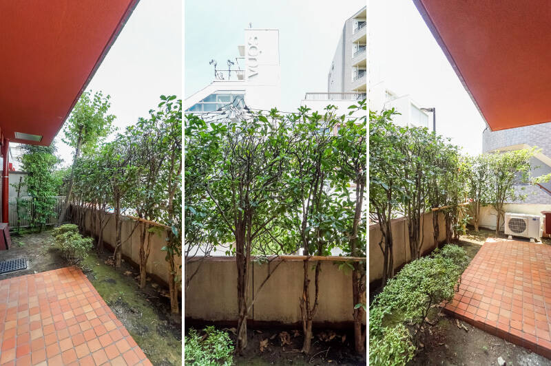 ぐるっと目隠しの植栽が植えられているおかげで、視界がグリーンでいい感じ。前面道路の交通量はさほど多くなさそうで、取材時には特に走行音は気になりませんでしたよ。