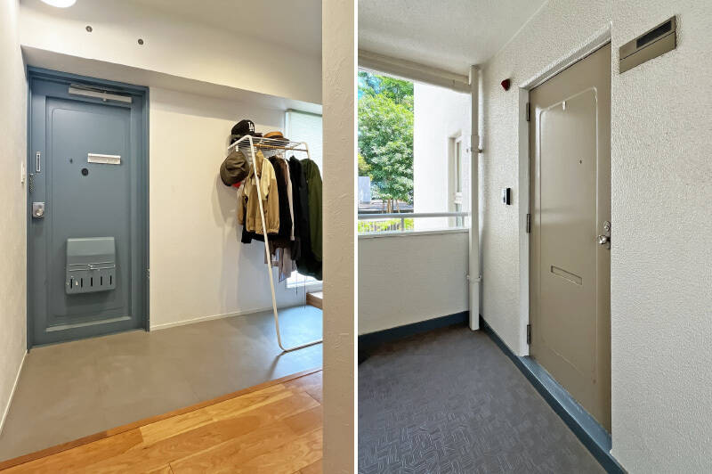内側はスモーキーブルー、外側はやさしいベージュ。玄関扉のさりげない配色が、毎日の出入りをちょっと楽しくしてくれそうです！