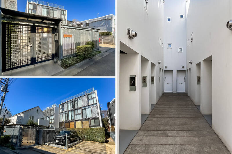 マンションは2008年竣工。2019年に1棟リノベーションがなされて、こちらの現代的なデザインに生まれ変わっています。オートロックの内部には宅配ボックスも完備◎ スロープを登ると、ずらりと玄関扉が並ぶ吹き抜けスペースに出ます。普通の集合住宅とはひと味違ったミニマルなデザインがカッコいい！