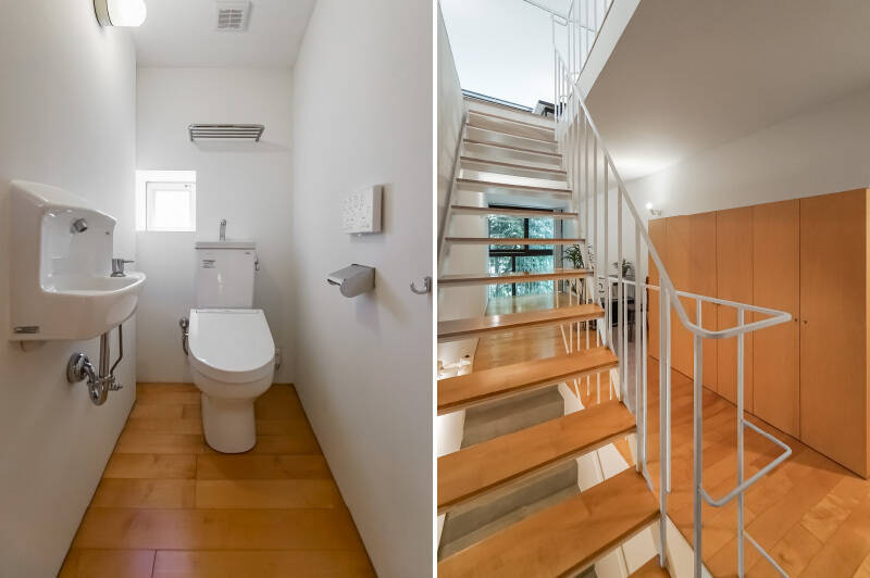 <b>左・</b>隣にあるトイレにも、開閉可能な小窓付があります。南東向きでパッと明るいです。／<b>右・</b>トイレを背に上階を見てパシャリ。右手には奥行きの深いクローゼットが3つ並んでおり、このフロアの収納を一手に引き受けています。