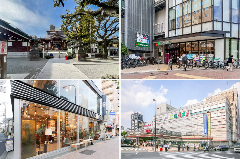 <b>左上・</b>マンションの斜向かいにあるのが目黒総鎮守<b>「大鳥神社」</b>。毎年ひらかれる酉の市は多くの人で賑わいます。(徒歩2分)/<b>右上・</b>大鳥神社交差点にはリニューアルオープンした<b>「マルエツ 目黒店」</b>。なんと24時間営業のスーパーがマンションから30mの場所にあるのです! 冷蔵庫代わりに使い倒しましょう!(徒歩1分)/<b>左下・</b>この交差点から始まるのが通称 “目黒インテリアストリート”。ご紹介した物件の内装、<b>「ACME Furniture 目黒通り店」</b>の家具が似合いそうです。(徒歩3分)/<b>右下・</b>駅ビル<b>「アトレ目黒」</b>にはスーパー、書店、ユニクロや無印も入っていて便利。(徒歩11分)