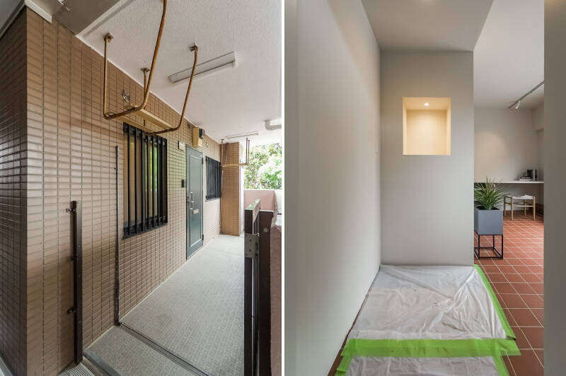 <b>左・</b>ご紹介の住戸は３階の角に位置しています。玄関前に細長い専用ポーチがあり、プライベート感高めの住戸です。／<b>右・</b>扉を開けると、ちょうど目の前にスポットライト付きのニッチが。何を飾ってもキマりそうで、ディスプレイ欲を刺激されますね〜。そして奥へ進むと……