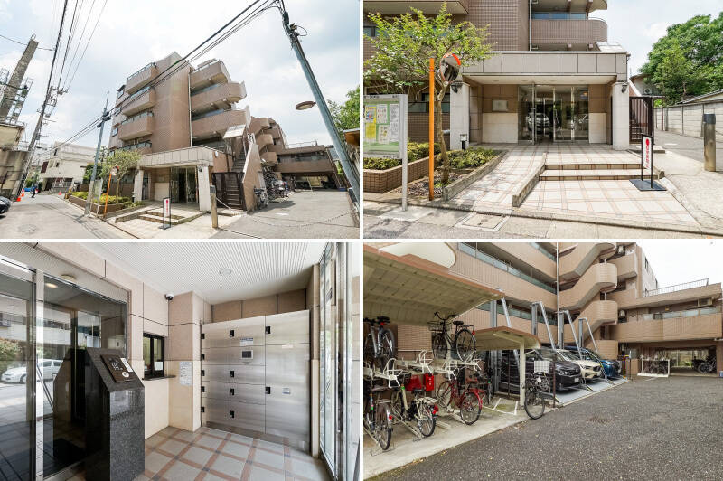 <b>左上・</b>1995年竣工で、新耐震基準に適合した地下１階地上５階建てのマンション。2024年に大規模修繕工事を実施したばかりで、外観や共用部はとても綺麗だと感じましたよ◎／<b>右上・</b>エントランスにはスロープ付き。右手奥に、駐車場と駐輪場があります。／<b>左下・</b>オートロックの手前に、大きめサイズの宅配ボックスが備わっているのはうれしいポイントですね！ 管理人さんは週６日のご勤務です。／<b>右下・</b>2025年7月現在、マンションの駐車場・駐輪場には空きがある状態です。様々なスタイルの暮らしにフィットしそうですよ。