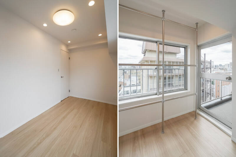 <b>左・</b>反対側からのカット。キレイな長方形の空間です。／<b>右・</b>曇りガラスの引き戸を開けると、なんとバルコニーに面したガラス張りのウォークインクローゼット（WIC）が！ まるでサンルームのような明るさ・温かさです。衣類と一緒に観葉植物も置きたくなりますね。