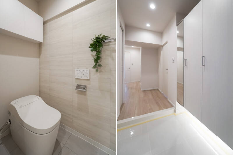 <b>左・</b>最後に、玄関近くにあるトイレを拝見。高級感あるタンクレスタイプが採用されており、写真には写っていませんが、小さな手洗い器も備わっていますよ。／<b>右・</b>玄関には間接照明付きのワイドな靴収納が。明るいトーンの建具で圧迫感のない空間に仕上げられています。