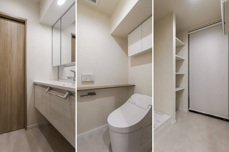 <b>左・</b>なんとトイレの手前にも独立した洗面台が備わっています。／<b>中央・</b>トイレは吊り戸棚付き。／<b>右・</b>ランドリールームは玄関の近くに配置されています。洗面室とは別の場所にあるため、来客時でも洗濯物が目に入りません。