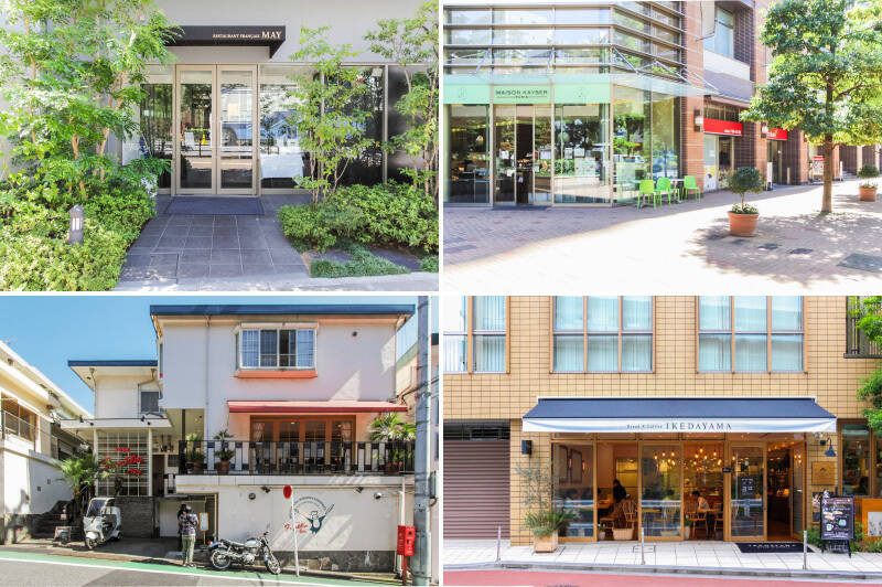 <p><b>左上・</b>涼しげな花と緑のアプローチの先に佇む「<b>Restaurant May（レストラン・メイ）</b>」。「クラシックとモダンの融合」をコンセプトに、家庭的なフレンチを提供しています。（徒歩５分）／<b>右上・</b>有名ベーカリー「<b>MAISON KAYSER（メゾン・カイザー） 五反田店</b>」もご近所。すぐお隣には食材が充実したスーパー「<b>foodrium 東五反田</b>」があります。（徒歩５分）／<b>左下・</b>「<b>7025 Franklin Ave.（フランクリン アベニュー）</b>」は、有名人もよく訪れるグルメバーガーの草分け的存在。肉の旨みが凝縮されたボリューム満点のバーガーに舌鼓を。（徒歩５分）／<b>右下・</b>桜田通りを渡った場所には、自家製パンと自家焙煎コーヒーの「<b>Bread&amp;Coffee Ikedayama（ブレッドアンドコーヒー イケダヤマ）</b>」が。（徒歩４分）</p>