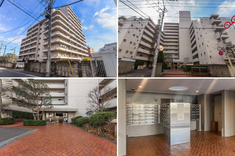 駒沢通りから１本奥まった場所に建つ、1972年築、全103戸の大規模なマンションです。レンガタイル敷きのアプローチを進むとシンボルツリーが出迎えるエントランスに到着。共用ロビーも清掃が行き届いています。（写真はすべて2022年撮影）