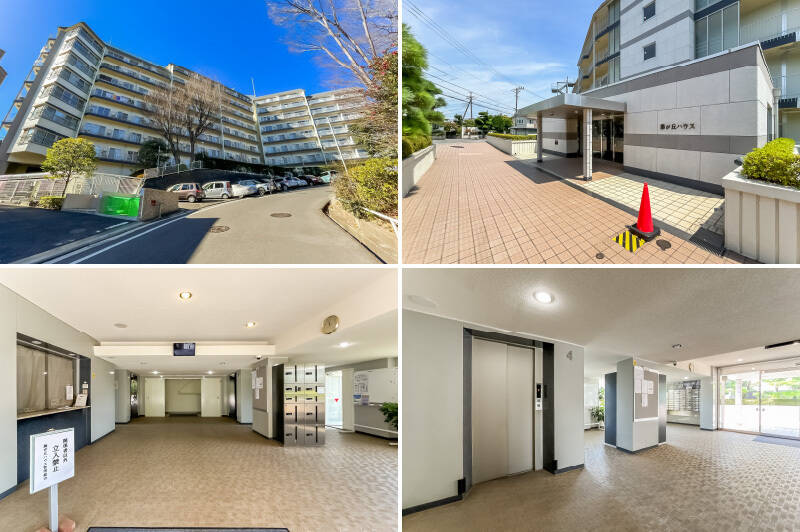 <b>左上・</b>高台に建っているため、坂下から望むとこんな外観。写真右手には「藤が丘第二公園」があり、お子さまやペットとちょっとお散歩するのにぴったり。平置き駐車場は空きがあれば月額12,000円で利用できます(2024年12月時点は空きなし)。/<b>右上・</b>坂上にあるメインエントランス。/<b>左下・</b>広々した共用ロビーには宅配ボックスが設置されています。/<b>右下・</b>メインエントランスがあるのは4階部分。エレベーターに乗って住戸のある6階へ。