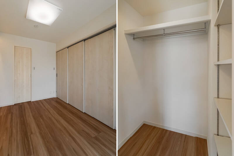窓の反対側には可動棚付きのクローゼットが備わっています。引き戸の建具は明るい色味のものが採用されているので、閉めていても圧迫感がなくGOODです。