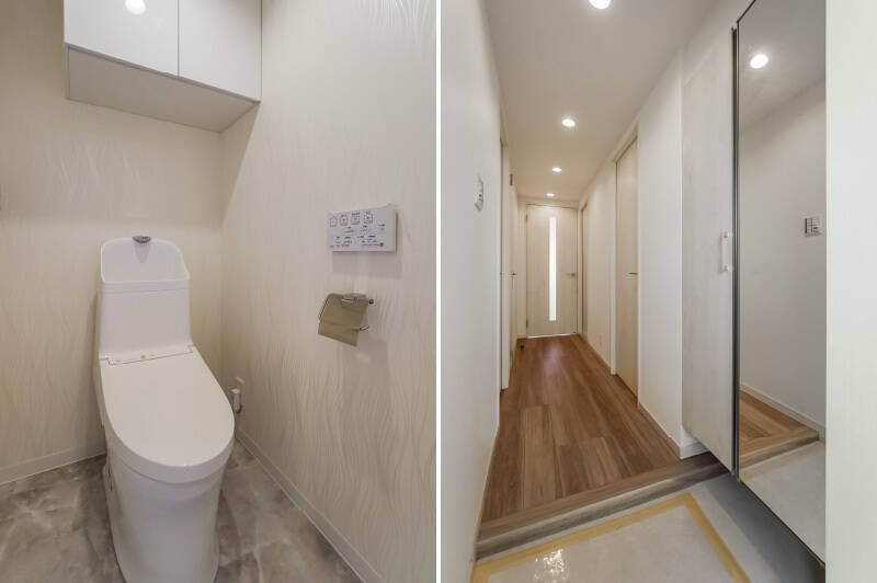 <b>左・</b>トイレにはうっすらシルバーの模様の入ったクロスがあしらわれています。写真では伝わりづらいのですが、横幅にちょっぴり余裕のある空間です。／<b>右・</b>玄関にはミラー付きのシューズボックスが。ファミリーの靴をまとめて収納できそうですよ。
