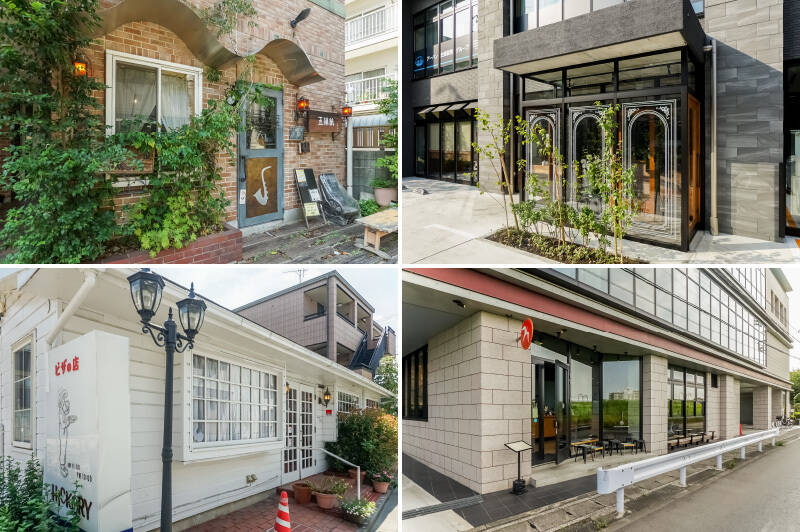 <b>左上・</b>店内でジャズが流れる、パスタとグラタンの専門店「<b>五線紙</b>」。（徒歩5分）／<b>右上・</b>ラインナップ豊富な焼きたてのパンが購入できる「<b>パンdeアノー 登戸店</b>」。（徒歩3分）／<b>左下・</b>地域の名物ピザ店「<b>ヒッコリーファーム</b>」。本場イタリアの味や空気感を味わえますよ。（徒歩3分）／<b>右下・</b>「<b>FUGLEN COFFEE ROASTERS（フグレン コーヒー ロースターズ）</b>」では、広々した店内の中、川沿いののどかな雰囲気を感じながらくつろげます。（徒歩9分）