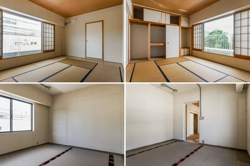 <b>上・</b>ワイドなサッシが印象的な和室。／<b>下・</b>和室の先にある洋室Ｄ。