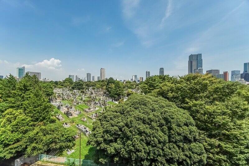 メインの開口部となる北東側の窓からは、ちょうど目の前に「青山霊園」の豊かな緑が見えます。日本トップクラスの高級霊園であり、港区有数の桜の名所でもある特別な場所です。その後ろには六本木の高層ビル群がそびえ建ち、都心に住んでいる感たっぷりの眺めです。