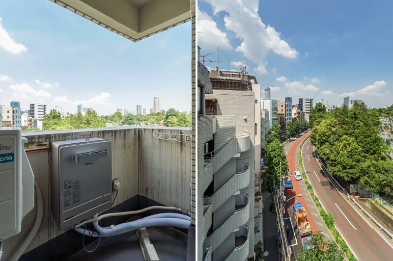 <b>左・</b>住戸の北西側には、人ひとり立てるくらいのコンパクトなバルコニーが。洗濯物は乾燥機を利用するのがよさそうです。／<b>右・</b>北西側の眺めはこちら。この「外苑西通り」沿いにはおしゃれな店が多いので、ふらりと歩いてみるのも楽しそうです。
