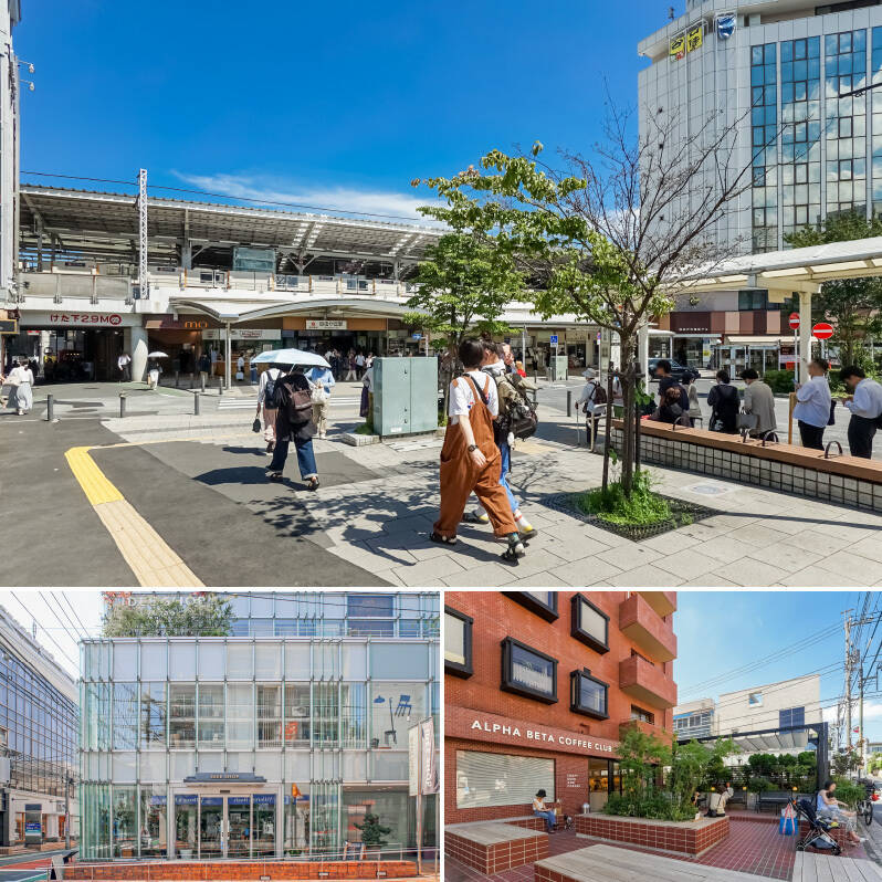 <b>上・</b>最寄りの東急東横線「<b>自由が丘</b>」駅までは徒歩17分。おしゃれな雑貨やインテリアショップが点在する街なので、お部屋づくりが捗りそう。/<b>左下・</b>こちらは「<b>IDEE SHOP(イデーショップ)</b>」。インテリア小物から家具やグリーンまでトータルに揃います。(徒歩14分)/<b>右下・</b>「<b>ALPHA BETA COFFEE CLUB(アルファ ベータ コーヒークラブ)自由が丘コンコード店</b>」。休日はベンチでまったり過ごしたい……。(徒歩14分)