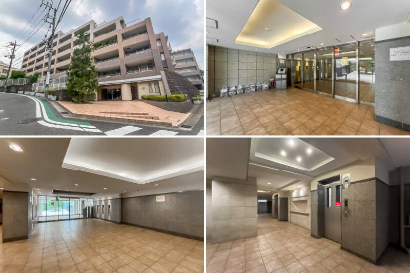 駅から緩やかな坂道を10分歩き、高台に建つマンションへ到着。共用部にはオートロックや宅配ボックスが備わっています。エレベーターに乗って最上階の7階へ。